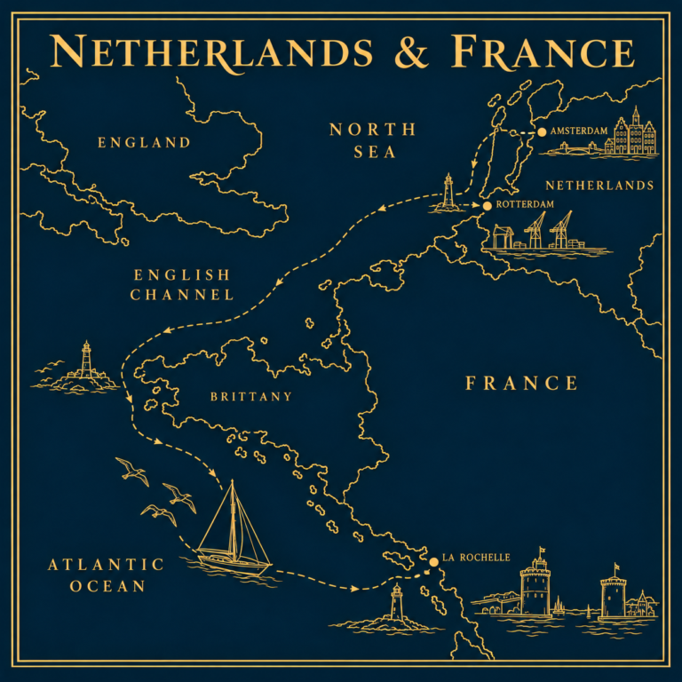 Navy-and-gold voyage from Amsterdam to La Rochelle